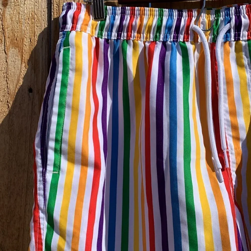 Take 50% OFF- Trinity Collective Rainbow Striped Unlined Swim Trunks, Size-M